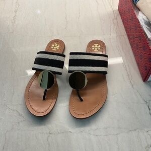 Tory Burch Patos Disk Sandal Black/white stripe 7 1/2